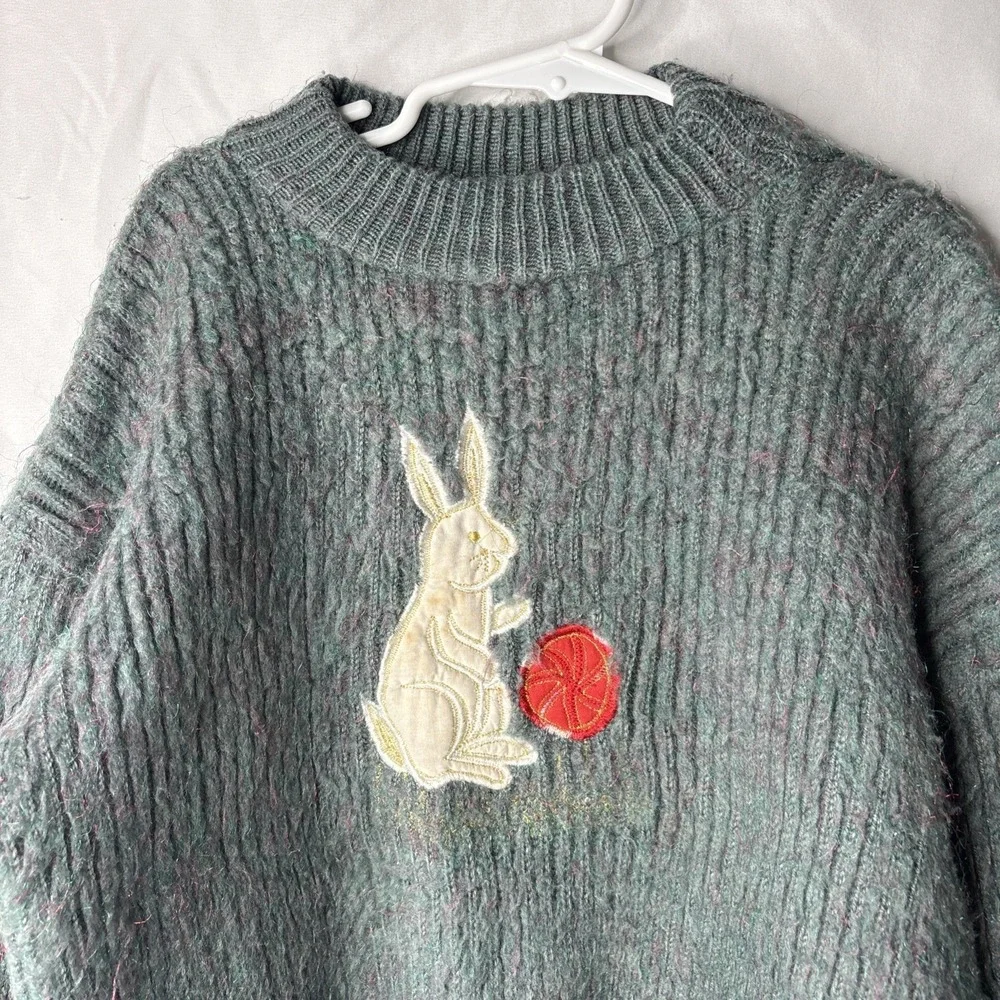 Vtg‎ Handknitted Kids Green Speckled Pink Embroidered white Bunny Sweater Easter